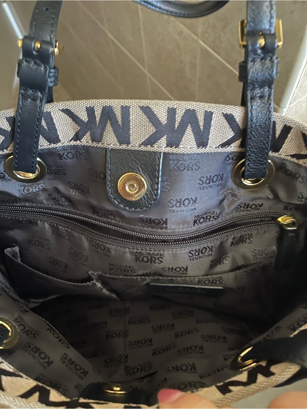 Michael Kors Brown MK Logo Tote with Black Handles and Gold Hardware - Picture 4 of 6